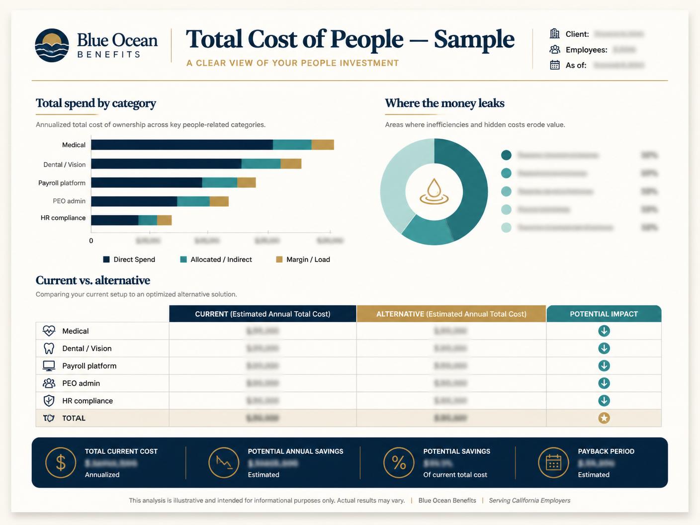 Sample Total Cost of People one-page report showing spend by category, leakage, and current vs. alternative comparison.